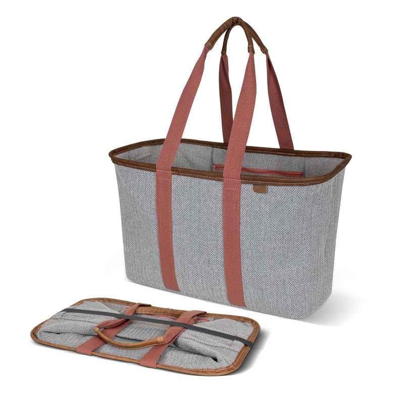 CleverMade Collapsible LUXE Tote - Rose Herringbone 1 Pack 30L / 8 Gal - Reusable Grocery Shopping Storage Bag Organizer w/ Handles Reinforced Bottom - Image 1